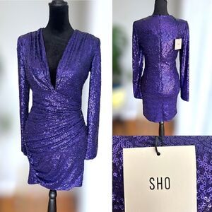 SHO BY TADASHI SHOJI Long Sleeve Sequin Cocktail Mini Dress Size XS